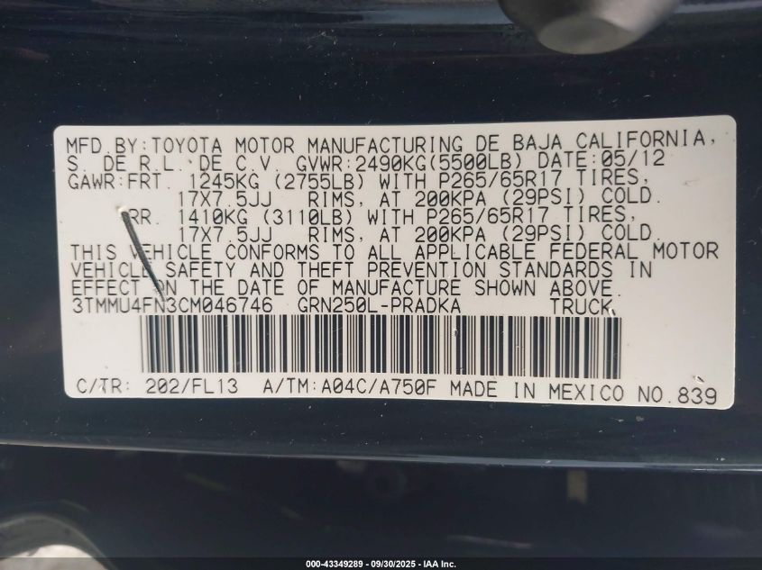 2012 Toyota Tacoma Base V6 VIN: 3TMMU4FN3CM046746 Lot: 43349289