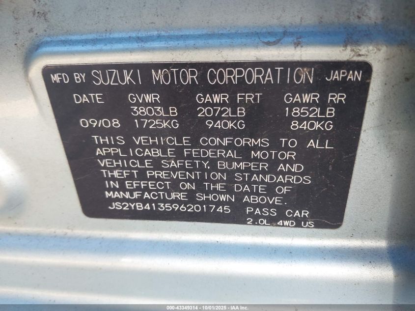 2009 Suzuki Sx4 Technology VIN: JS2YB413596201745 Lot: 43349314