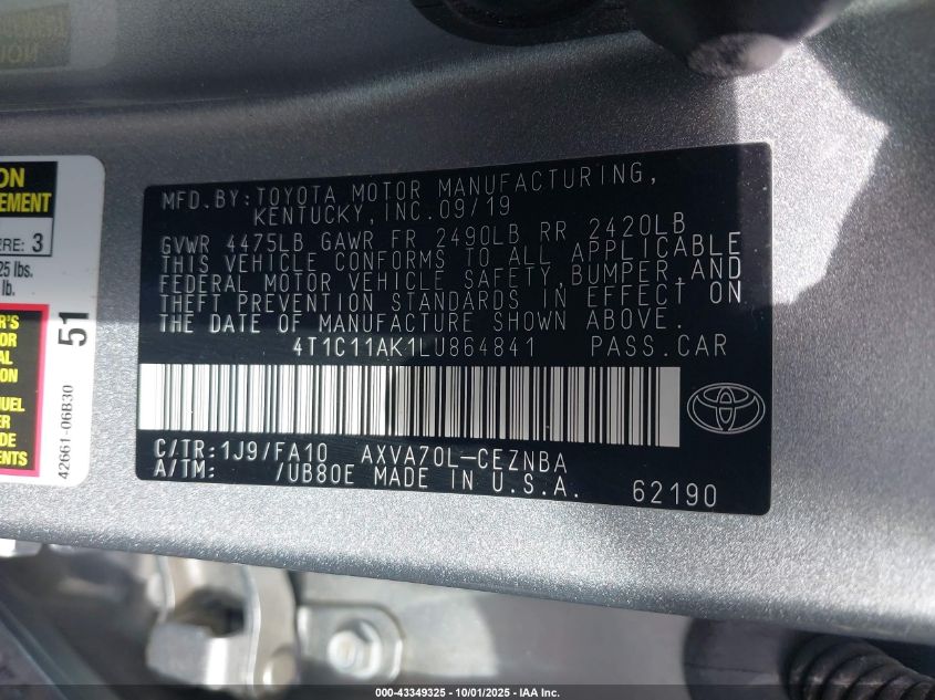 2020 Toyota Camry Le VIN: 4T1C11AK1LU864841 Lot: 43349325