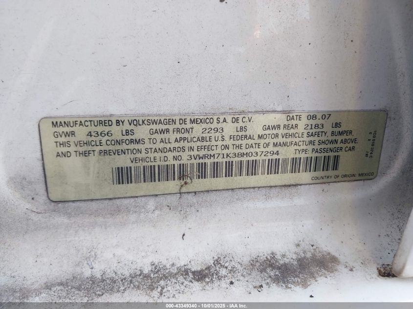 2008 Volkswagen Jetta Se/Sel VIN: 3VWRM71K38M037294 Lot: 43349340