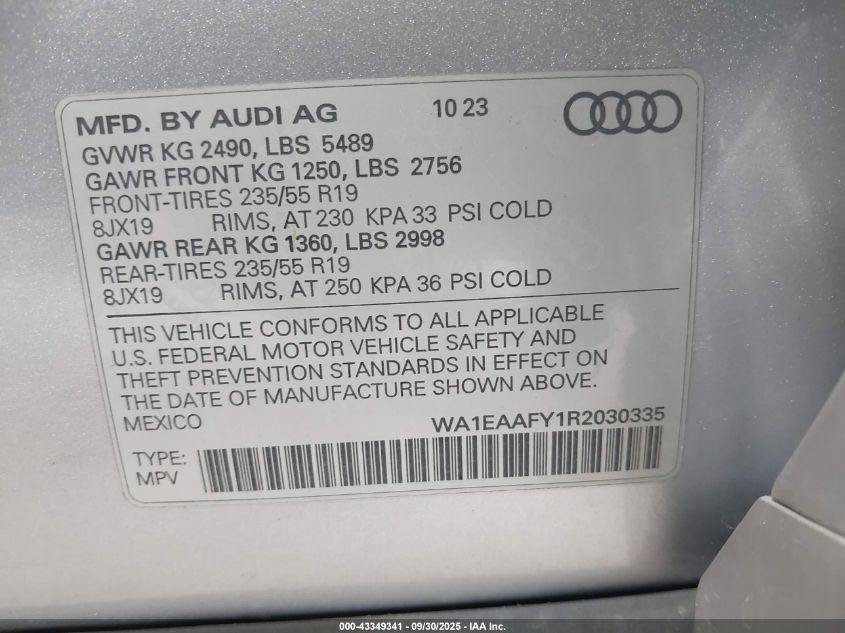 2024 Audi Q5 Premium Plus 45 Tfsi S Line Quattro VIN: WA1EAAFY1R2030335 Lot: 43349341