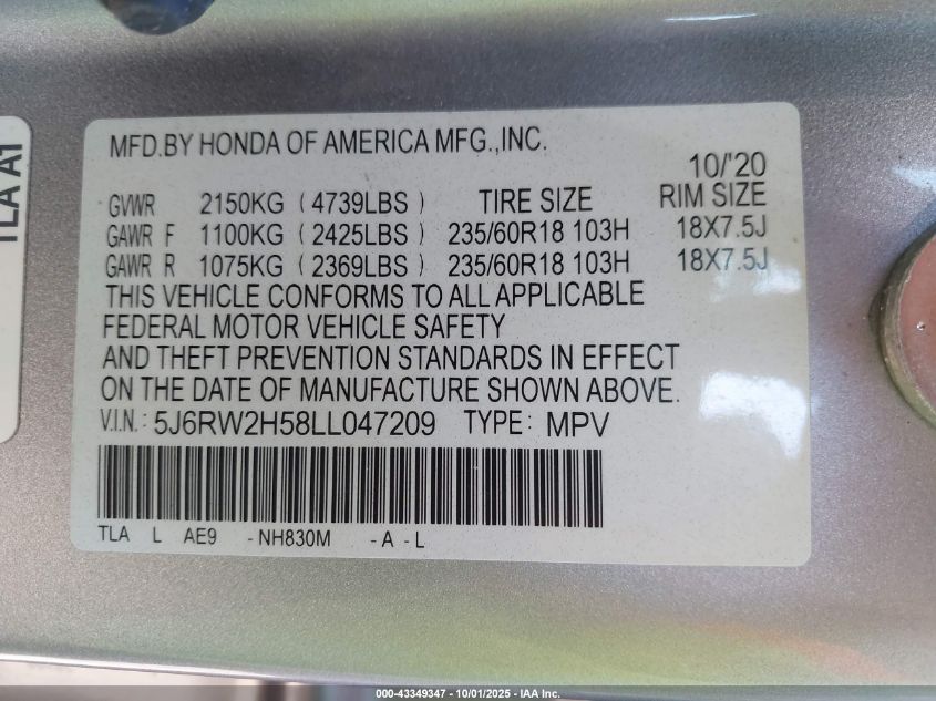 2020 Honda Cr-V Awd Ex VIN: 5J6RW2H58LL047209 Lot: 43349347