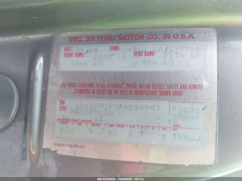 1985 Mercury Cougar VIN: 1MEBP92F9FH654997 Lot: 43349355