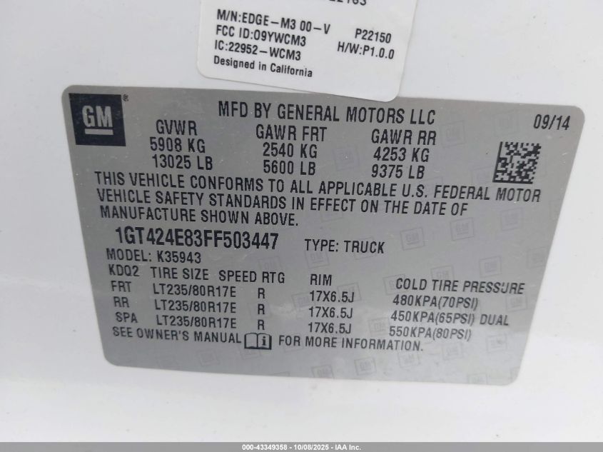2015 GMC Sierra 3500Hd Denali VIN: 1GT424E83FF503447 Lot: 43349358