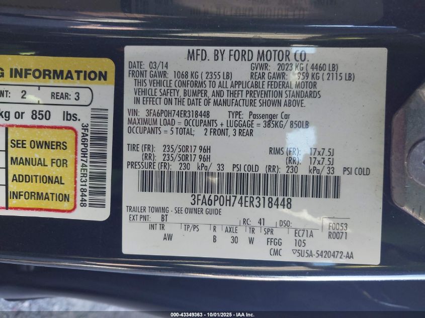 2014 Ford Fusion Se VIN: 3FA6P0H74ER318448 Lot: 43349363