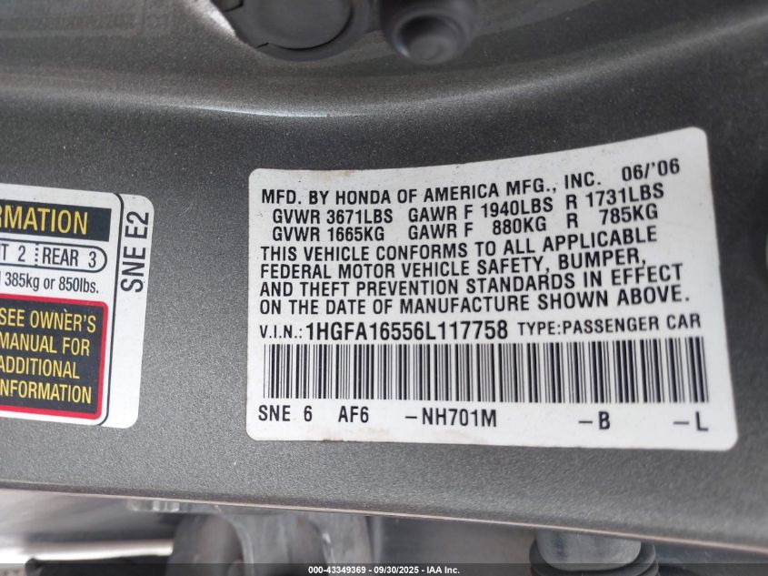 2006 Honda Civic Lx VIN: 1HGFA16556L117758 Lot: 43349369