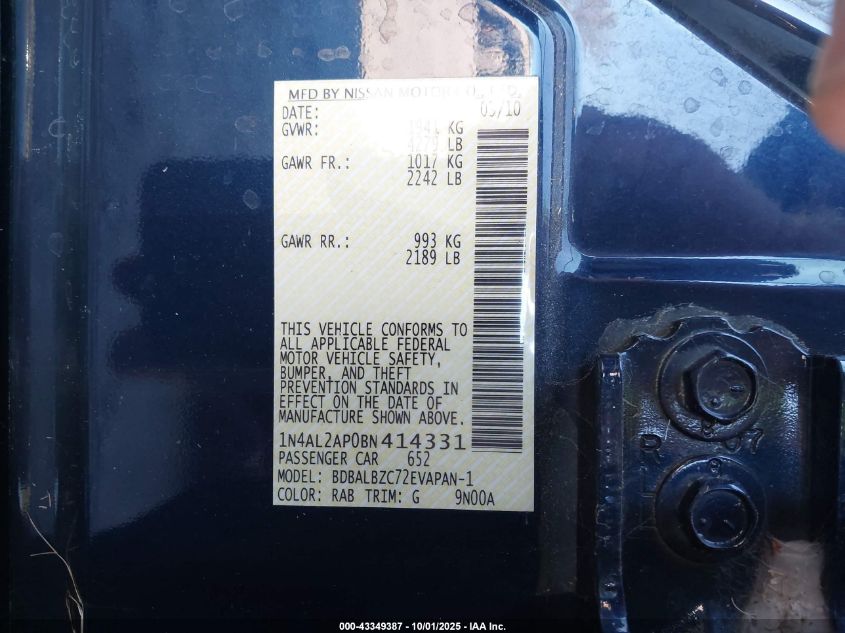 2011 Nissan Altima 2.5 S VIN: 1N4AL2AP0BN414331 Lot: 43349387