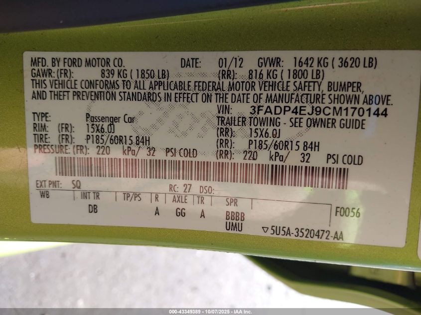 2012 Ford Fiesta Se VIN: 3FADP4EJ9CM170144 Lot: 43349389