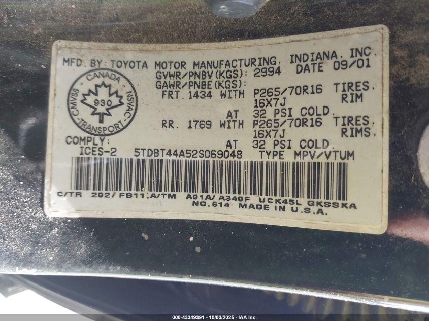 2002 Toyota Sequoia Sr5 V8 VIN: 5TDBT44A52S069048 Lot: 43349391