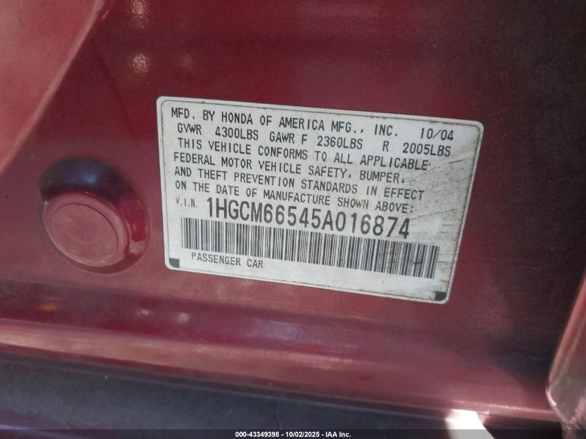 2005 Honda Accord 3.0 Ex VIN: 1HGCM66545A016874 Lot: 43349398