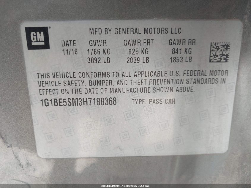 2017 Chevrolet Cruze Lt Auto VIN: 1G1BE5SM3H7188368 Lot: 43349399