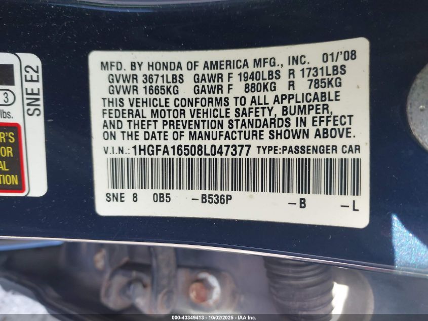 2008 Honda Civic Lx VIN: 1HGFA16508L047377 Lot: 43349413