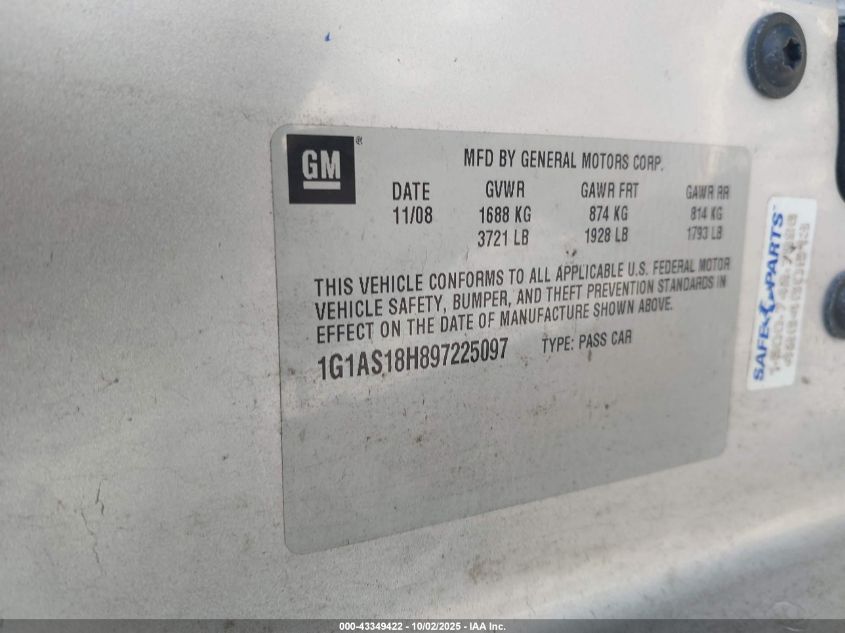 2009 Chevrolet Cobalt Ls VIN: 1G1AS18H897225097 Lot: 43349422