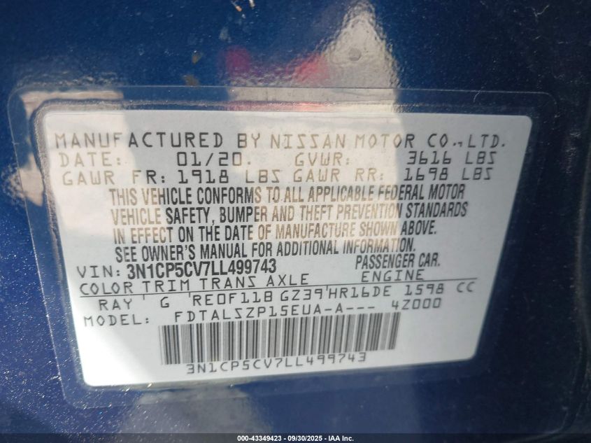 2020 Nissan Kicks Sv Xtronic Cvt VIN: 3N1CP5CV7LL499743 Lot: 43349423