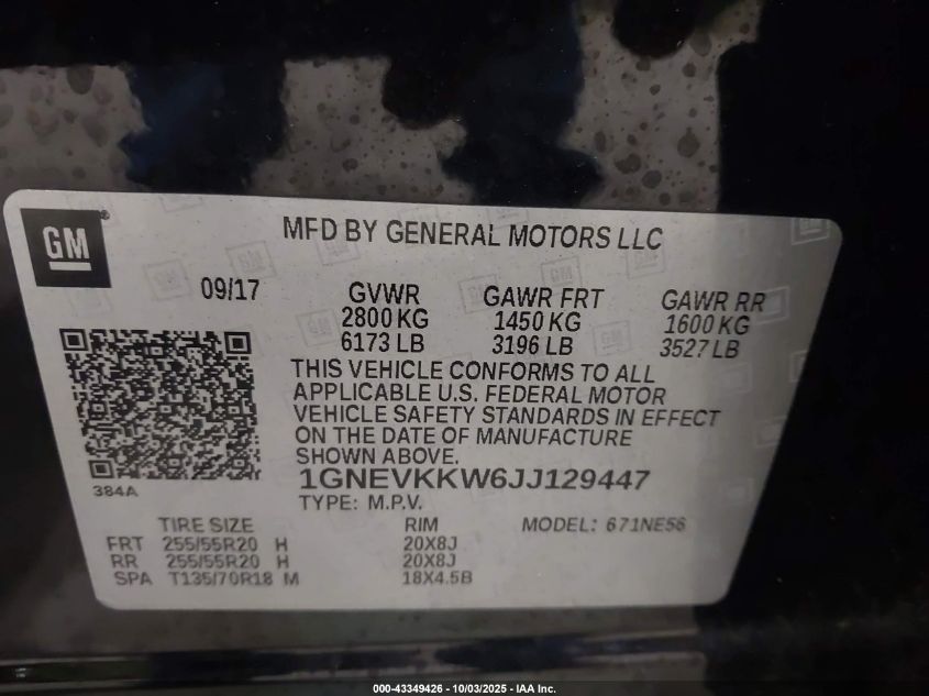 2018 Chevrolet Traverse High Country VIN: 1GNEVKKW6JJ129447 Lot: 43349426