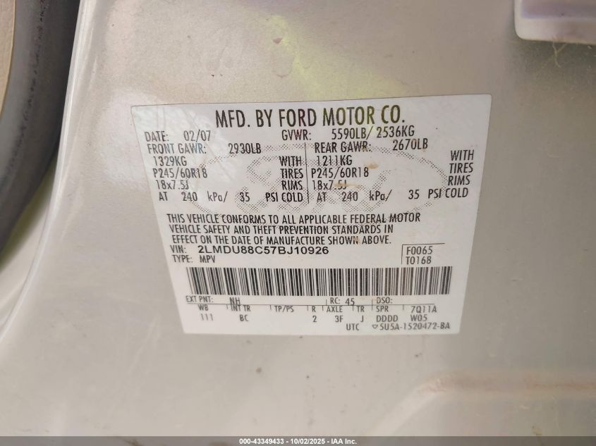 2007 Lincoln Mkx VIN: 2LMDU88C57BJ10926 Lot: 43349433