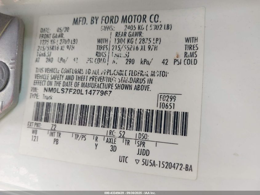 2020 Ford Transit Connect Xlt VIN: NM0LS7F20L1477967 Lot: 43349439