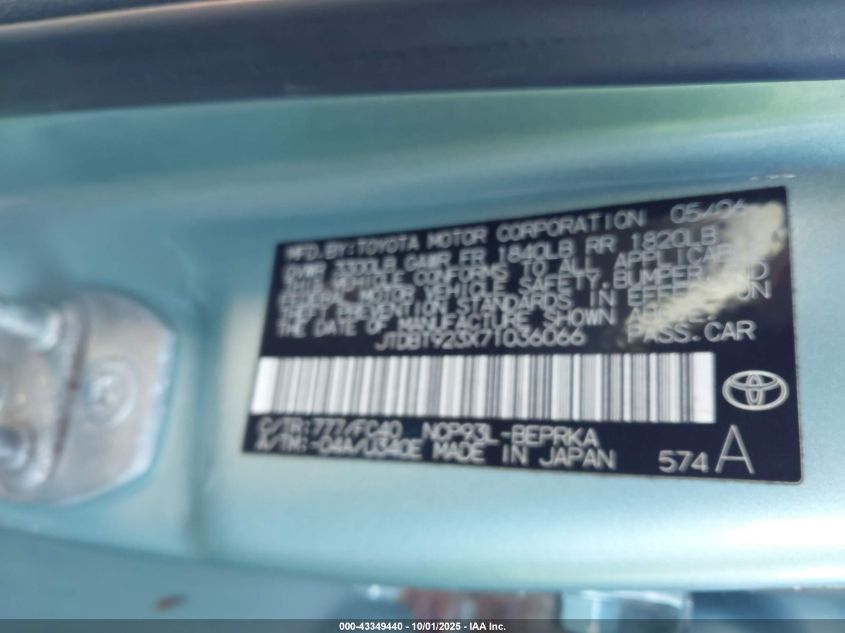 2007 Toyota Yaris VIN: JTDBT923X71036066 Lot: 43349440