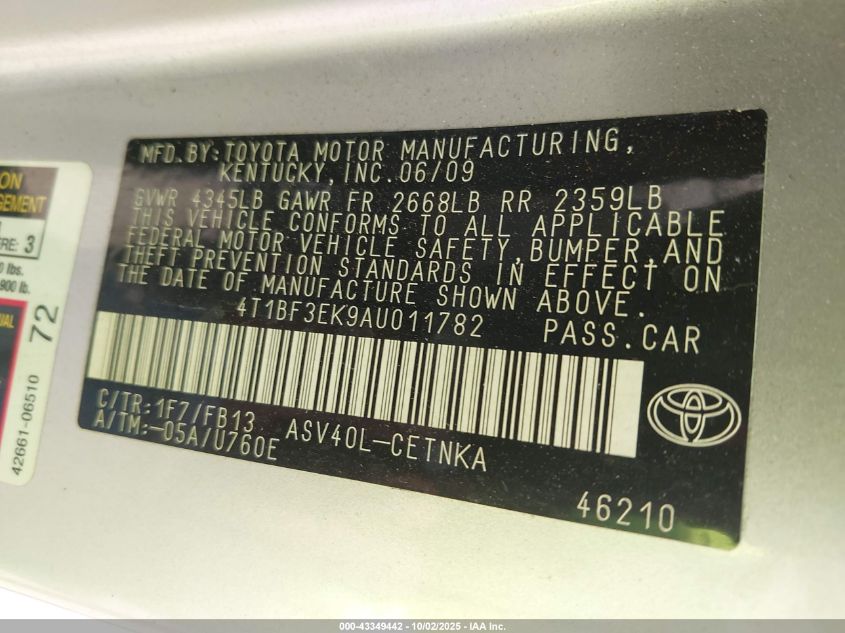 2010 Toyota Camry Le VIN: 4T1BF3EK9AU011782 Lot: 43349442