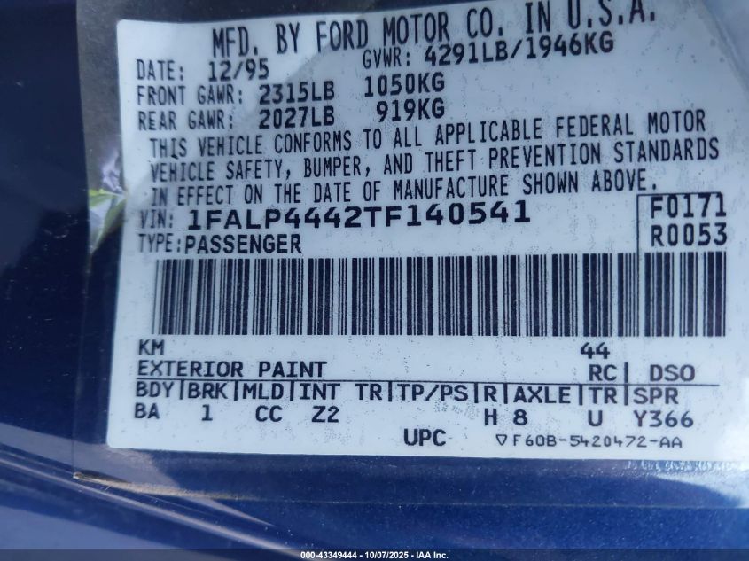 1996 Ford Mustang VIN: 1FALP4442TF140541 Lot: 43349444