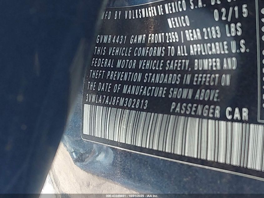 2015 Volkswagen Jetta 2.0L Tdi Sel VIN: 3VWLA7AJ8FM302813 Lot: 43349451