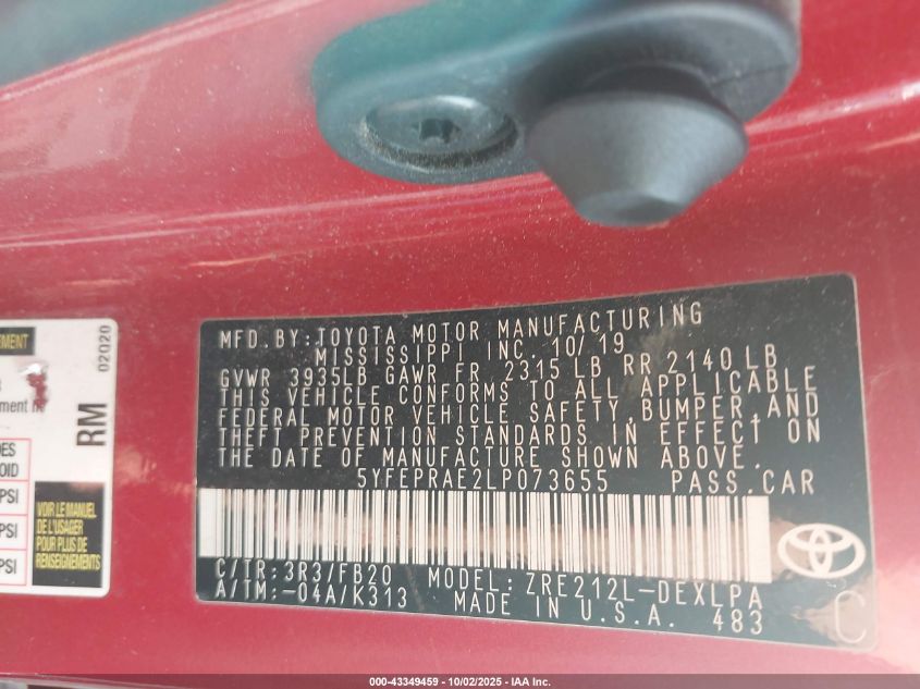 2020 Toyota Corolla Le VIN: 5YFEPRAE2LP073655 Lot: 43349459