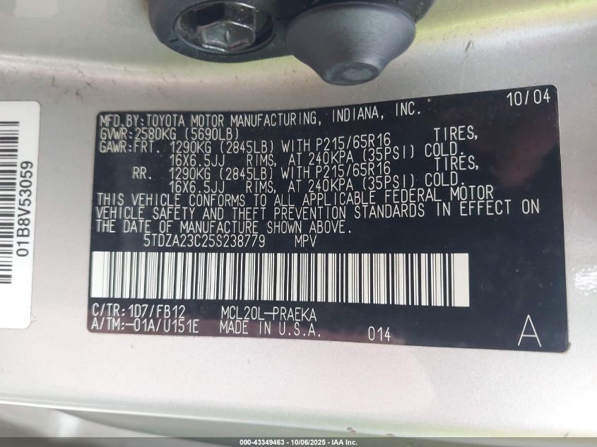 2005 Toyota Sienna Le VIN: 5TDZA23C25S238779 Lot: 43349463