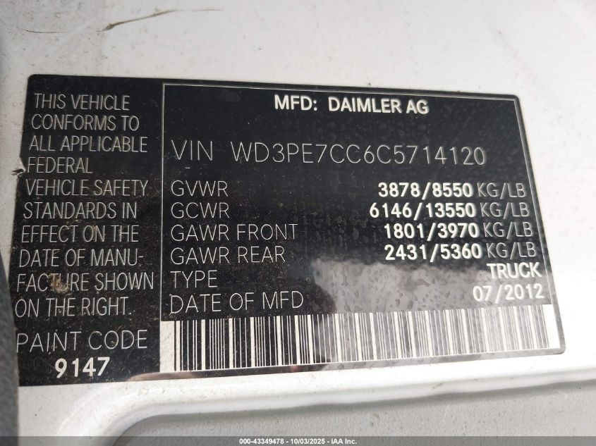 2012 Mercedes-Benz Sprinter 2500 Normal Roof VIN: WD3PE7CC6C5714120 Lot: 43349478