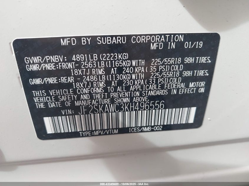 2019 Subaru Forester Touring VIN: JF2SKAWC3KH496556 Lot: 43349489