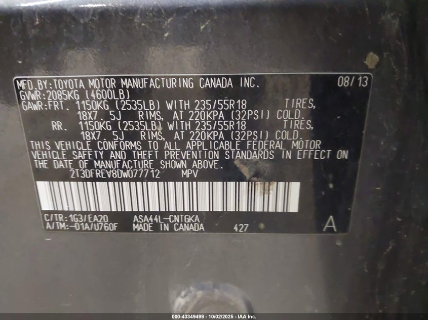 2013 TOYOTA RAV4 LIMITED - 2T3DFREV8DW077712