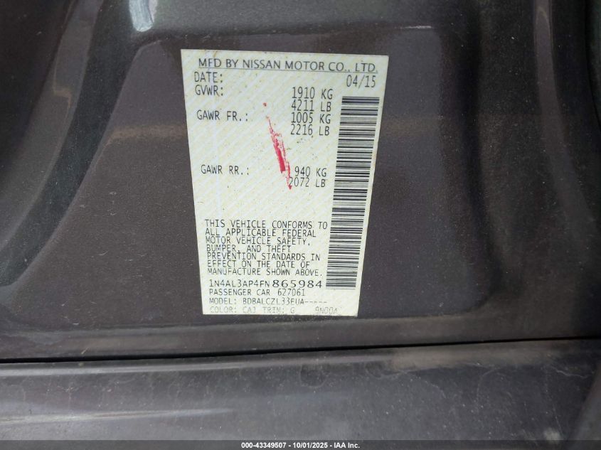 2015 Nissan Altima 2.5 S VIN: 1N4AL3AP4FN865984 Lot: 43349507