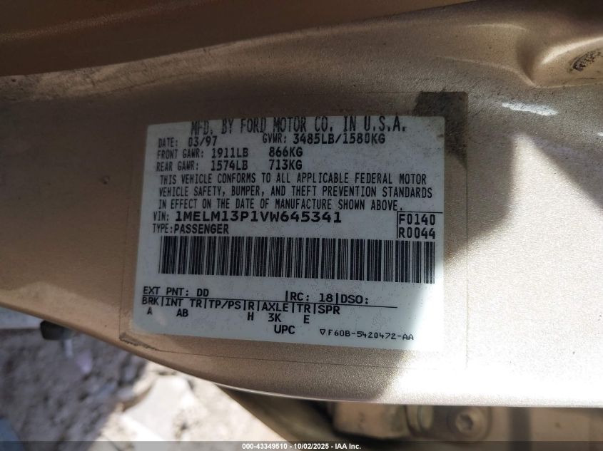1997 Mercury Tracer Ls VIN: 1MELM13P1VW645341 Lot: 43349510