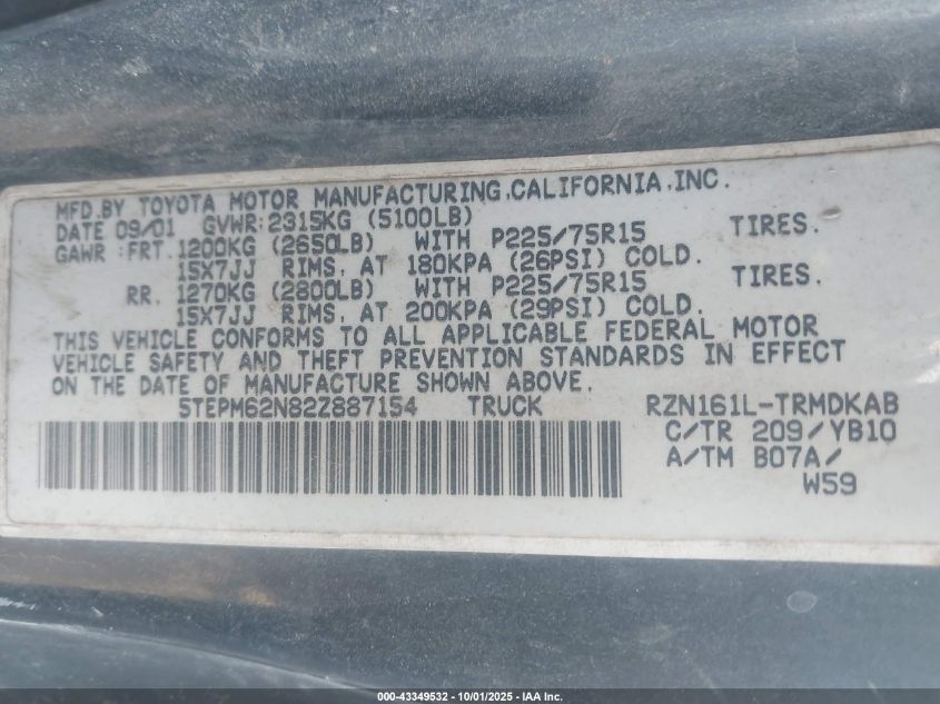 2002 Toyota Tacoma VIN: 5TEPM62N82Z887154 Lot: 43349532