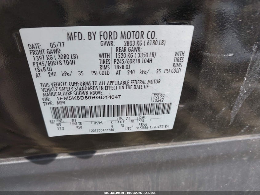 2017 FORD EXPLORER XLT - 1FM5K8D80HGD14647