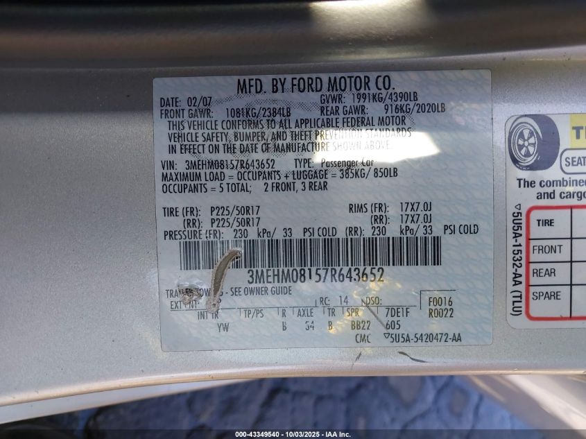 2007 Mercury Milan V6 Premier VIN: 3MEHM08157R643652 Lot: 43349540