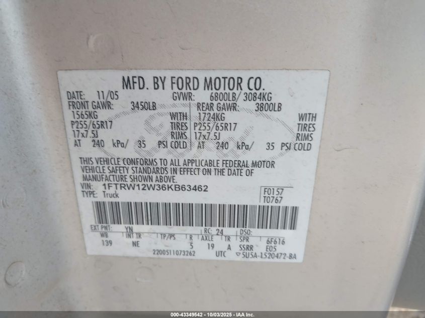 2006 Ford F-150 Xlt VIN: 1FTRW12W36KB63462 Lot: 43349542