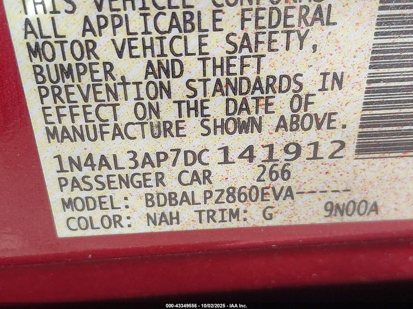 2013 Nissan Altima 2.5 VIN: 1N4AL3AP7DC141912 Lot: 43349556