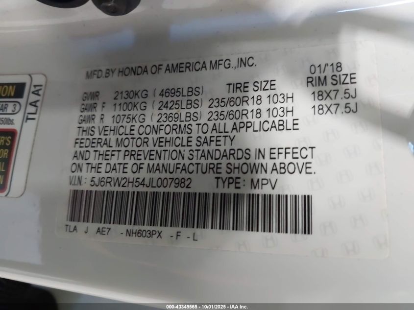 2018 Honda Cr-V Ex VIN: 5J6RW2H54JL007982 Lot: 43349565