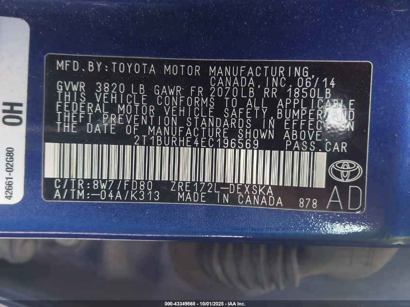 2014 Toyota Corolla S Plus VIN: 2T1BURHE4EC196569 Lot: 43349568