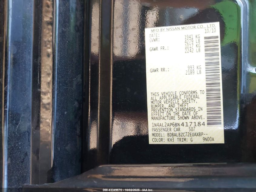 2011 Nissan Altima 2.5 S VIN: 1N4AL2AP6BN417184 Lot: 43349570