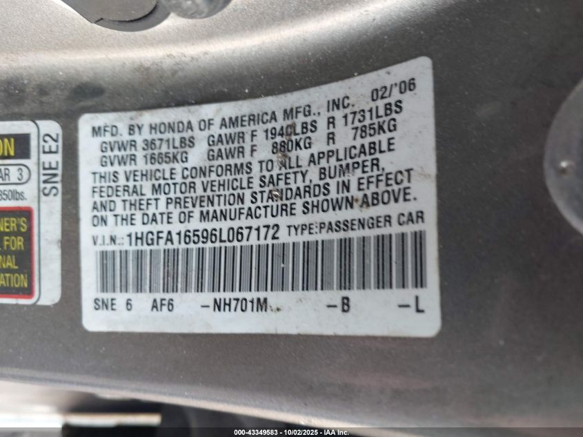 2006 Honda Civic Lx VIN: 1HGFA16596L067172 Lot: 43349583