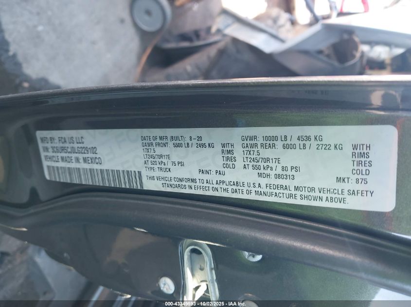 2020 Ram 2500 Tradesman 4X4 6'4 Box VIN: 3C6UR5CJ0LG229102 Lot: 43349593