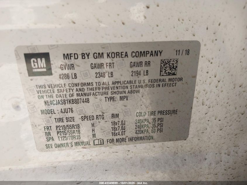 2019 Buick Encore Fwd Preferred VIN: KL4CJASB1KB807448 Lot: 43349599