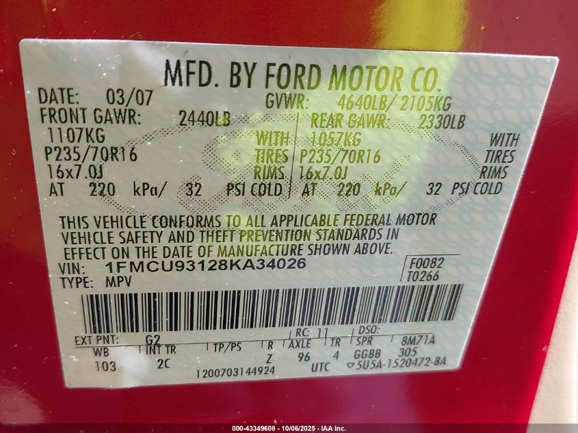 2008 Ford Escape Xlt VIN: 1FMCU93128KA34026 Lot: 43349608