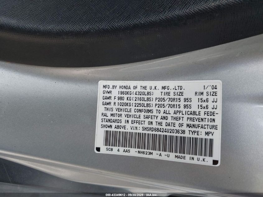 2004 Honda Cr-V Lx VIN: SHSRD68424U203638 Lot: 43349612