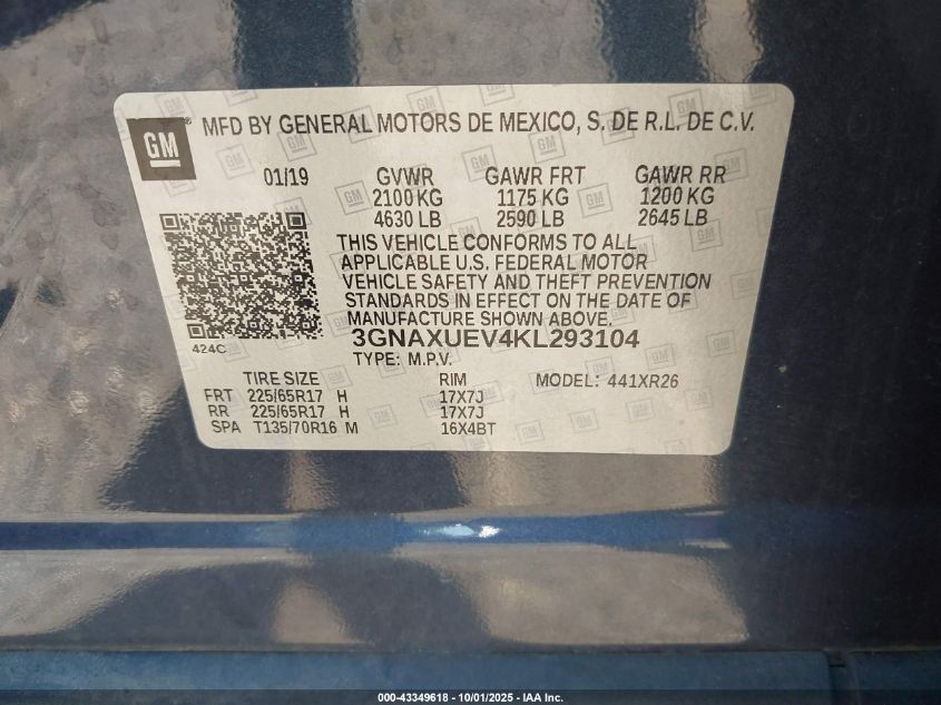 2019 Chevrolet Equinox Lt VIN: 3GNAXUEV4KL293104 Lot: 43349618