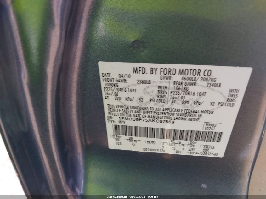 2010 Ford Escape Limited VIN: 1FMCU9E75AKC87669 Lot: 43349630