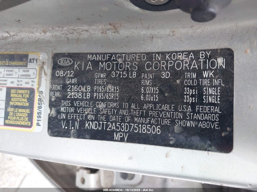2013 Kia Soul VIN: KNDJT2A53D7518506 Lot: 43349634
