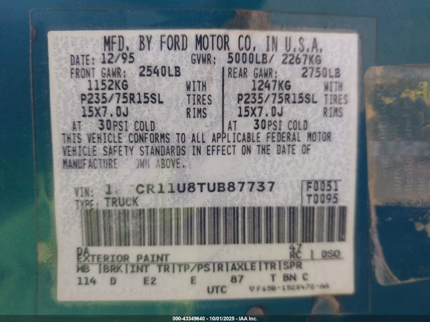 1996 Ford Ranger VIN: 1FTCR11U8TUB87737 Lot: 43349640