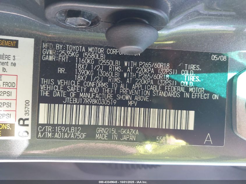 2008 Toyota 4Runner Limited VIN: JTEBU17R98K030519 Lot: 43349645